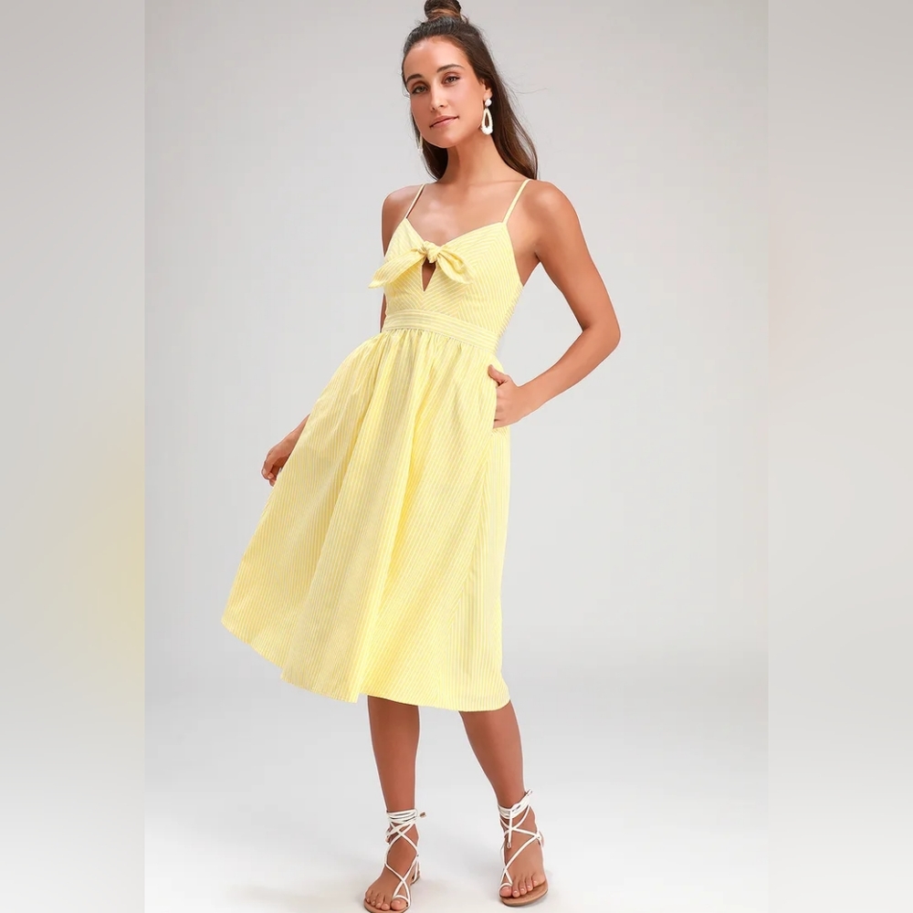 Lulus Joyful Days Yellow Striped Knotted Front Midi Dress, Size M